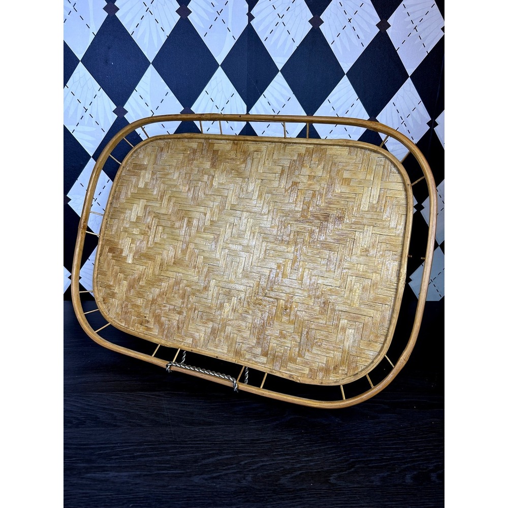 Vintage Woven Bamboo Tray Rattan Gallery Edge 19x14 Inch - Picture 4 of 15